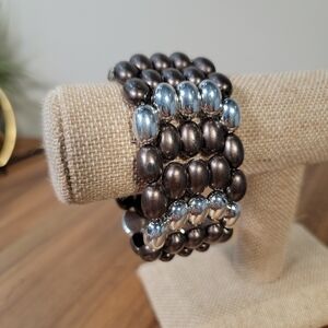 Brown Silver Stretch Cuff Bracelet.